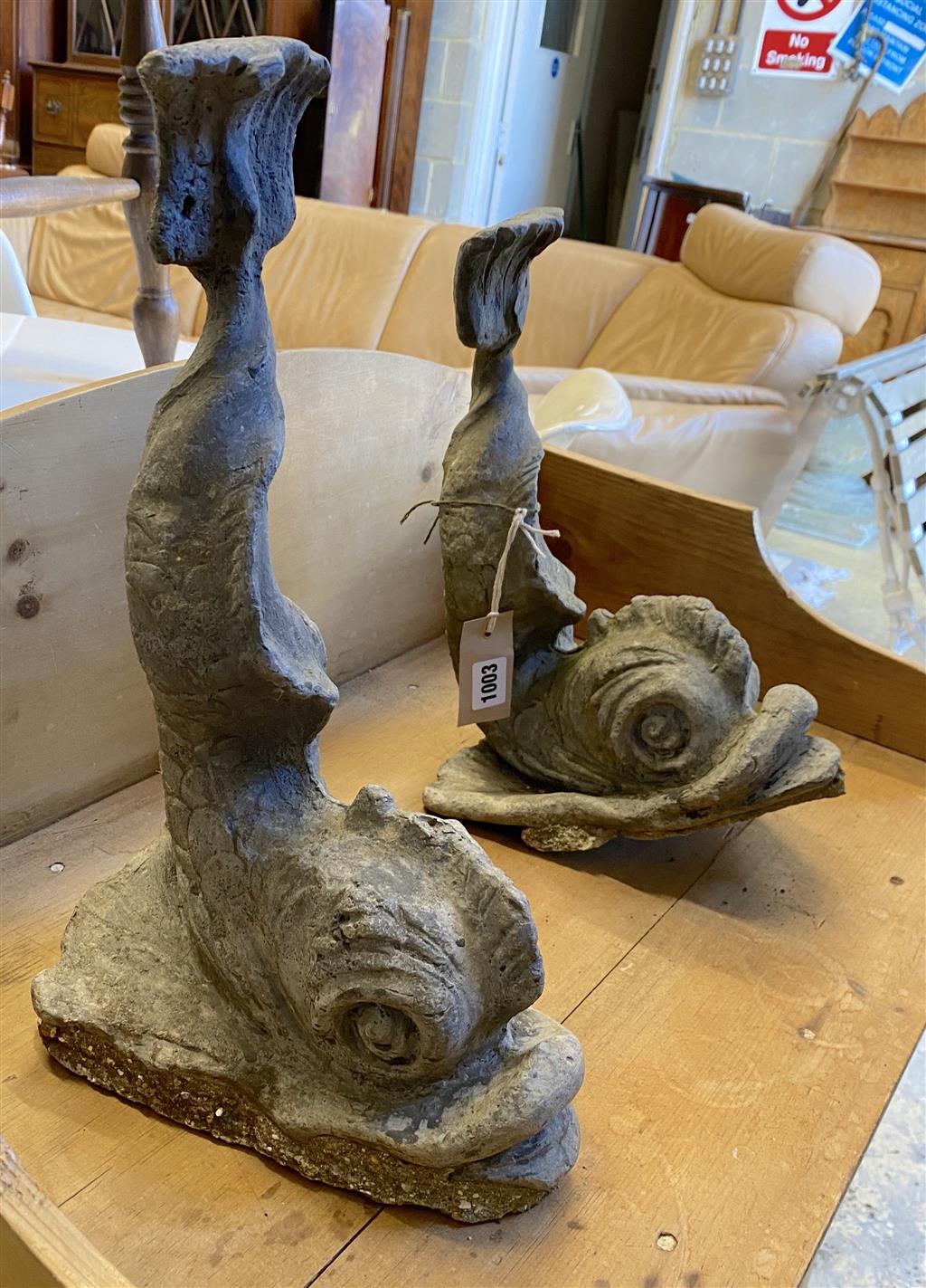 Two cast lead Florentine style dolphin garden ornaments, height 39cm